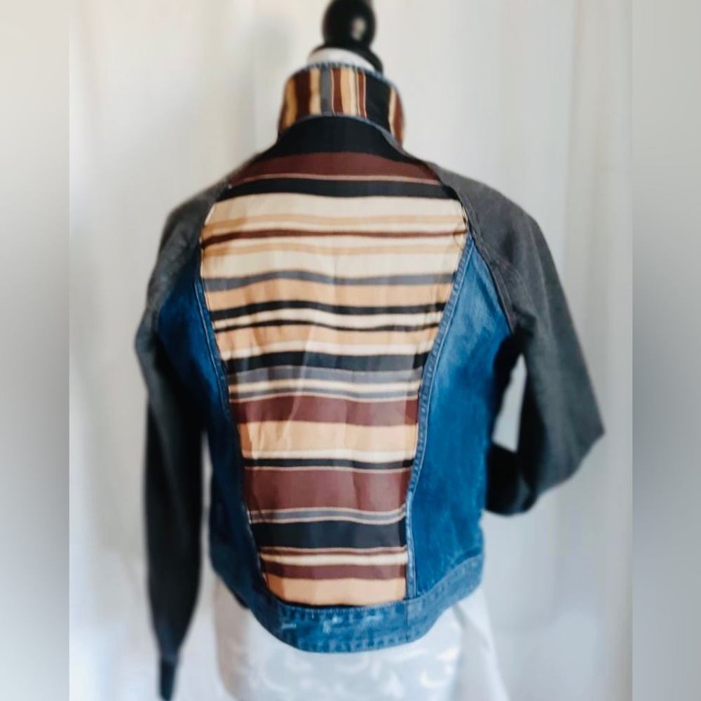 Express denim jacket embellished with a beautiful striped silk scarf.